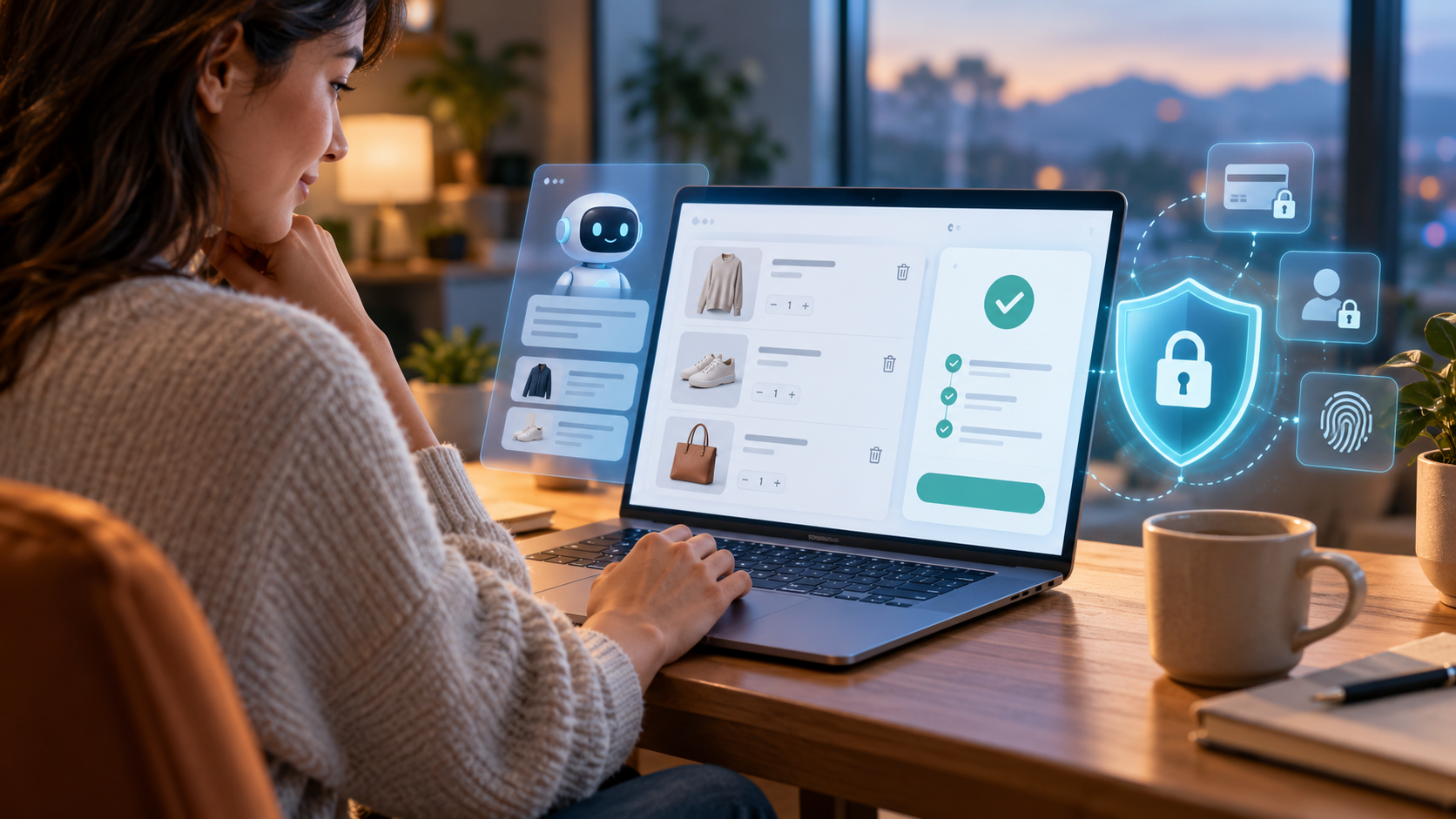 Shopper reviewing an AI-assisted online purchase with payment and privacy protections