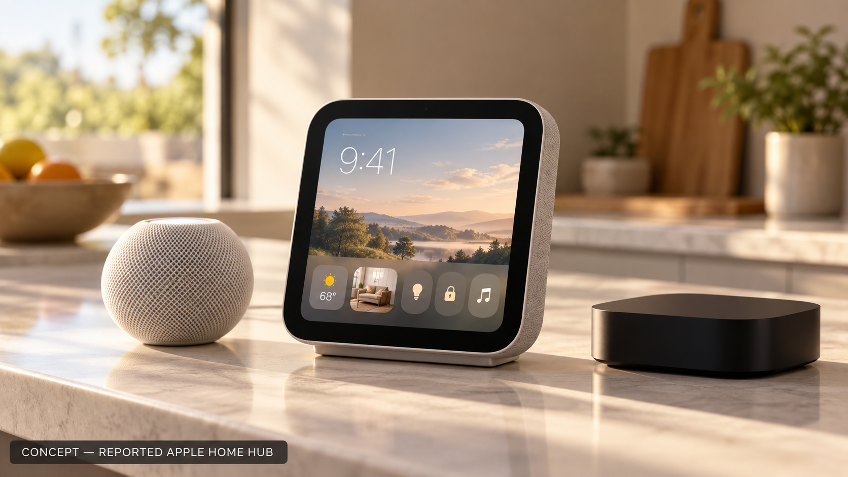 Concept image of a reported Apple smart-home display beside a small speaker and streaming box