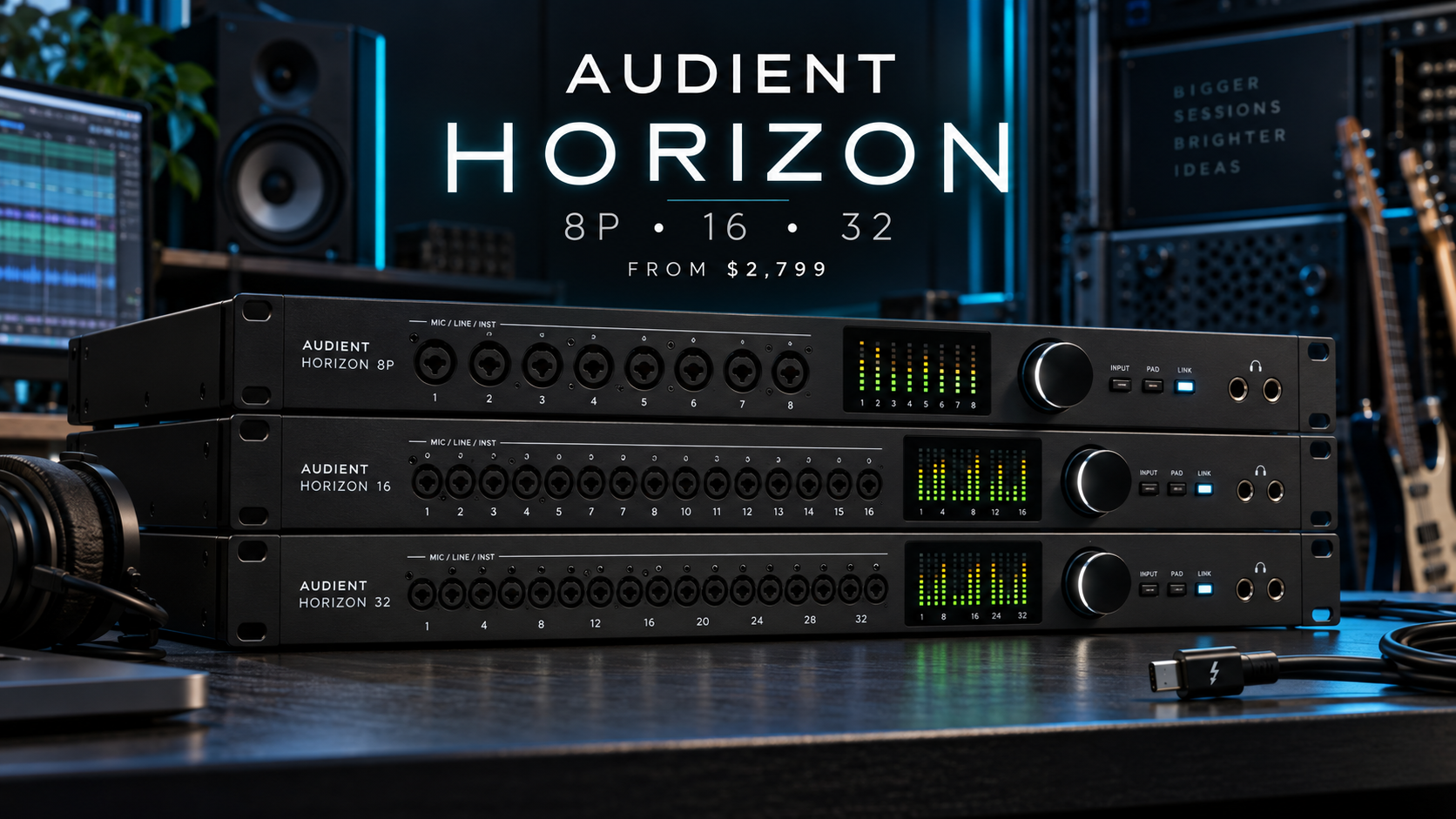 Illustrative Audient Horizon 8P, 16 and 32 rackmount audio interfaces in a recording studio