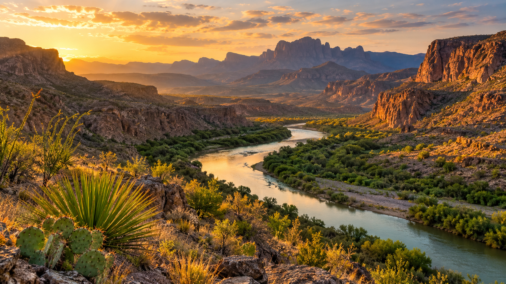 Rio Grande and desert mountains in Big Bend National Park at sunset