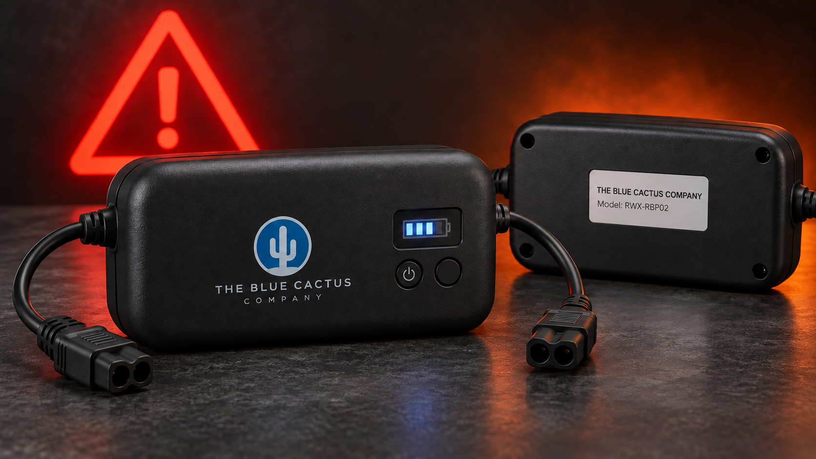 Blue Cactus recliner battery packs beside a red warning symbol for the RWX-RBP02 recall