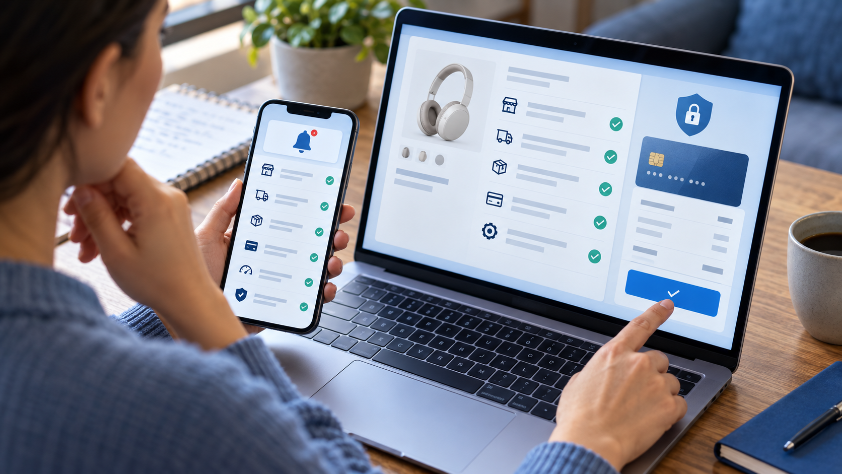 Shopper reviewing eight safety checks before authorizing an AI-assisted purchase