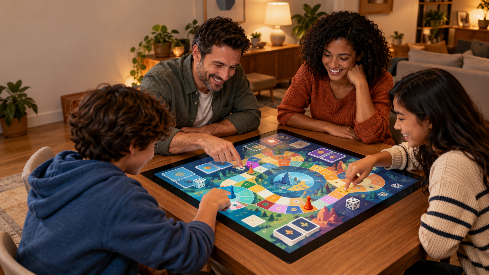 Family gathered around a large digital tabletop gameboard during game night