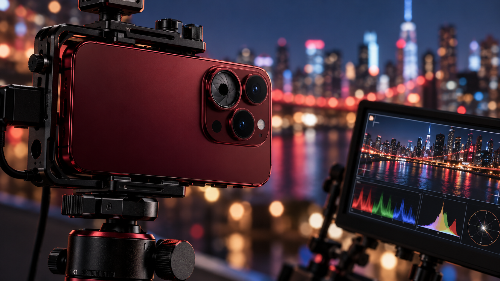 iPhone 18 Pro on a video rig with an adjustable aperture lens and professional monitoring scopes
