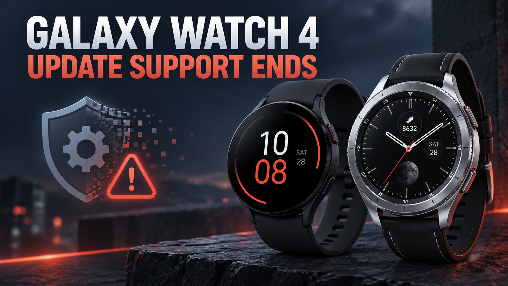 Galaxy Watch 4 and Watch 4 Classic beside a fading security update shield