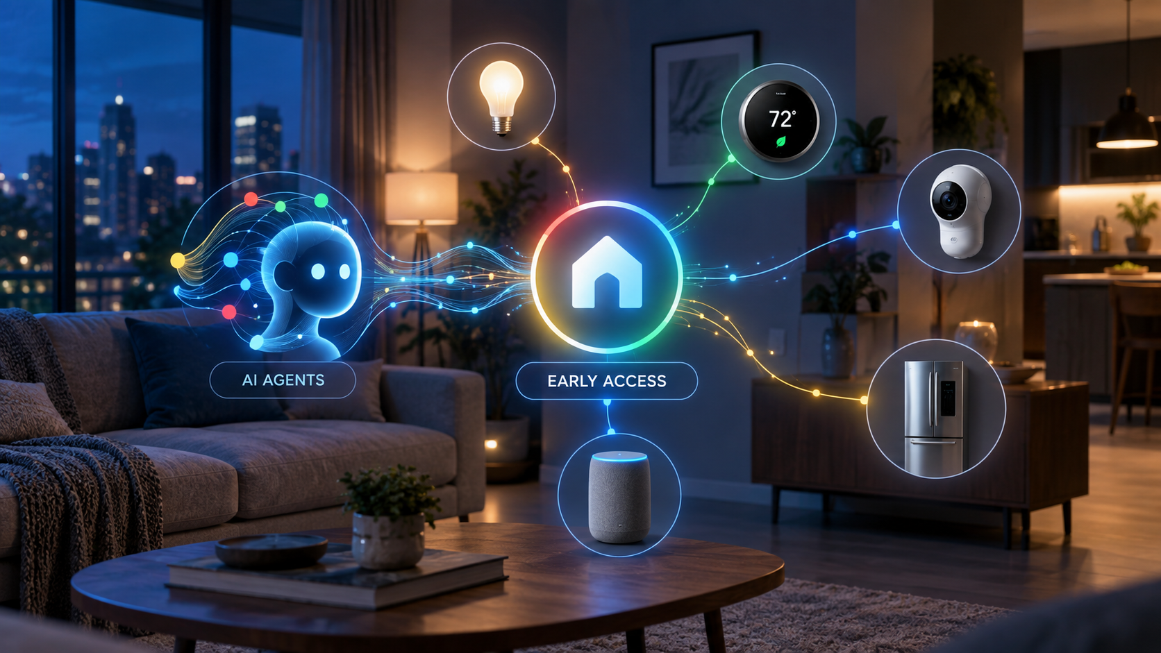 Concept illustration of AI agents securely connecting to Google Home smart lights, thermostat, camera, speaker and appliance controls during early access