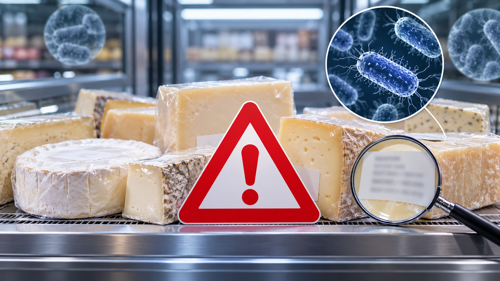 Generic raw-milk cheese products under recall review with an E. coli warning symbol