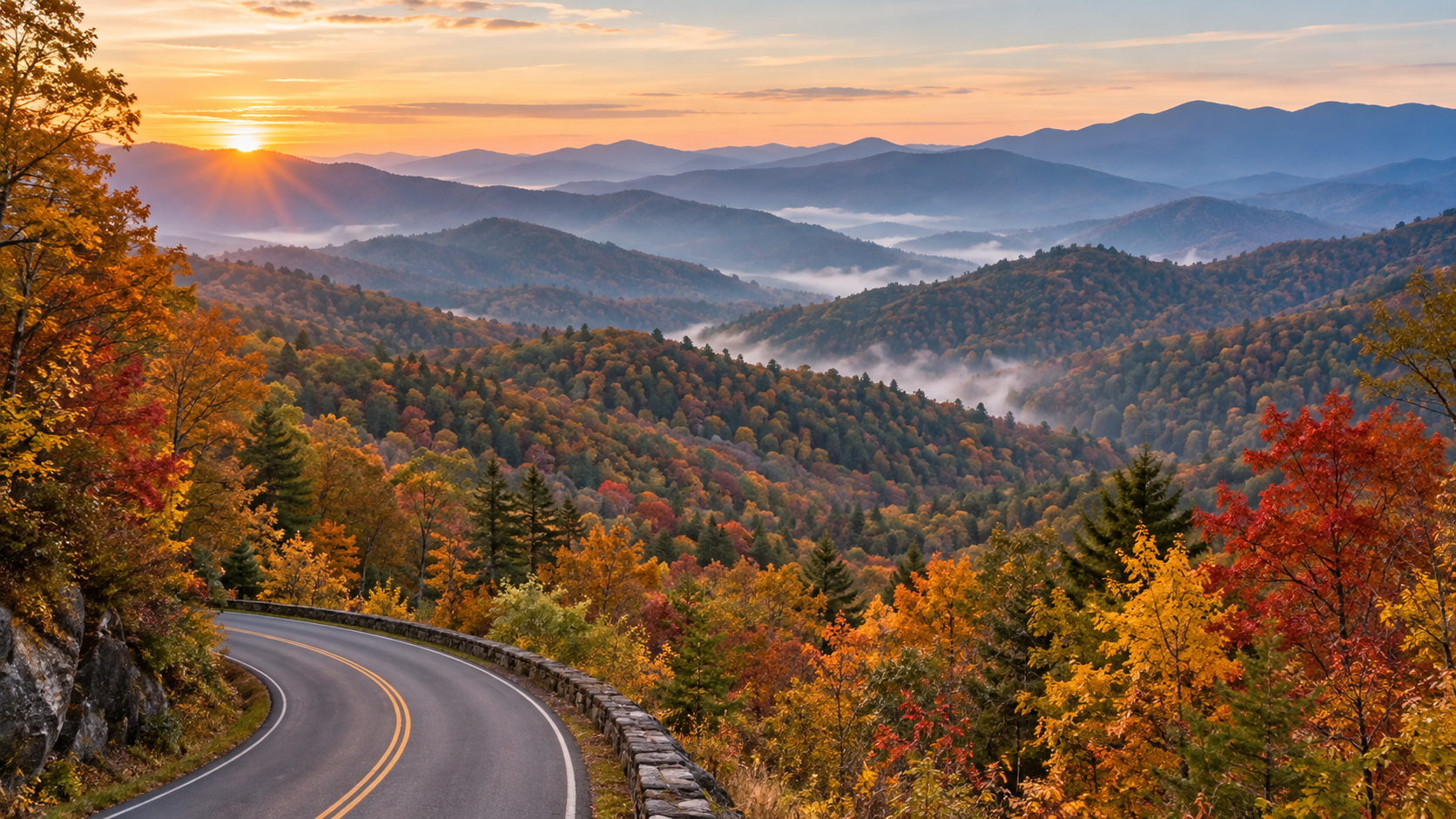 Autumn foliage and misty ridges along a scenic road in Great Smoky Mountains National Park