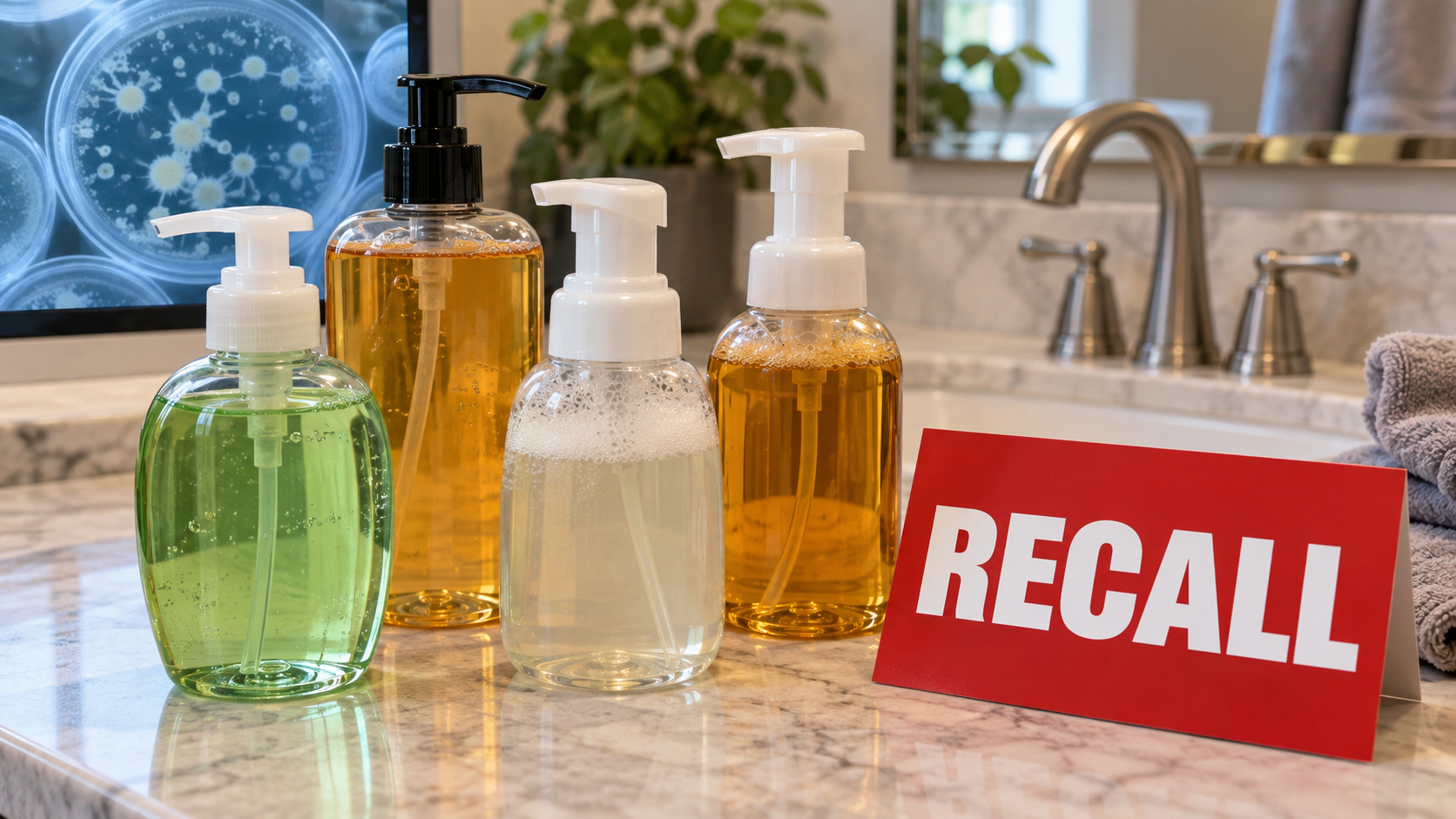 Generic hand soap bottles beside a recall warning and laboratory bacteria image