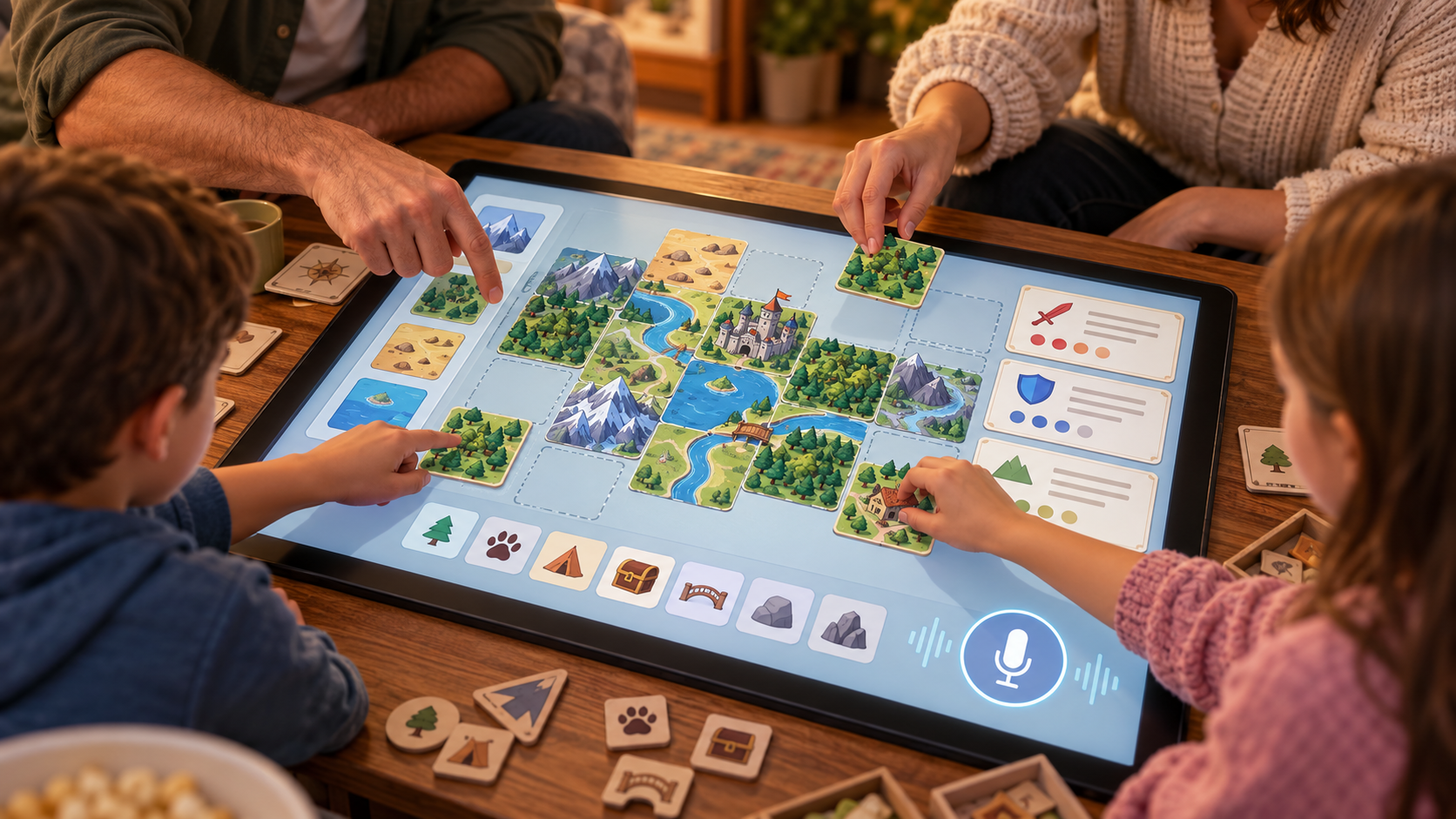 Family using an AI-assisted tabletop game creator on a shared touchscreen