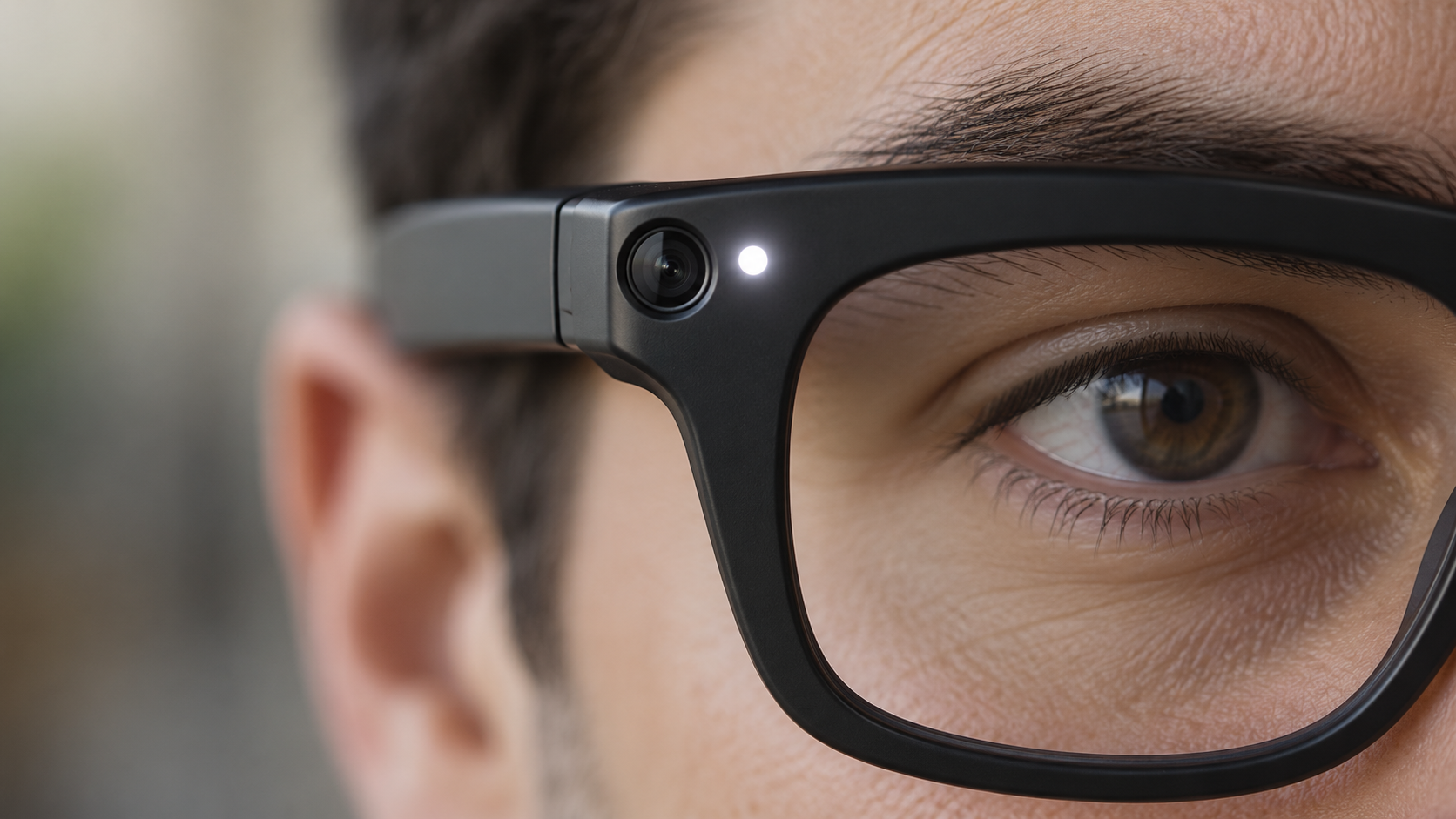Close-up of camera-equipped smart glasses with the white recording indicator illuminated
