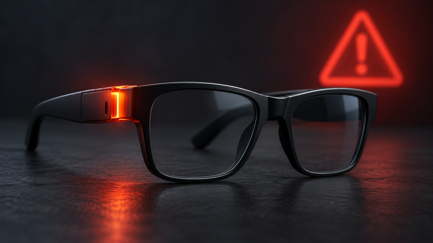 Black AI smart glasses with a glowing left temple and red warning symbol illustrating the INMO Air3 overheating recall