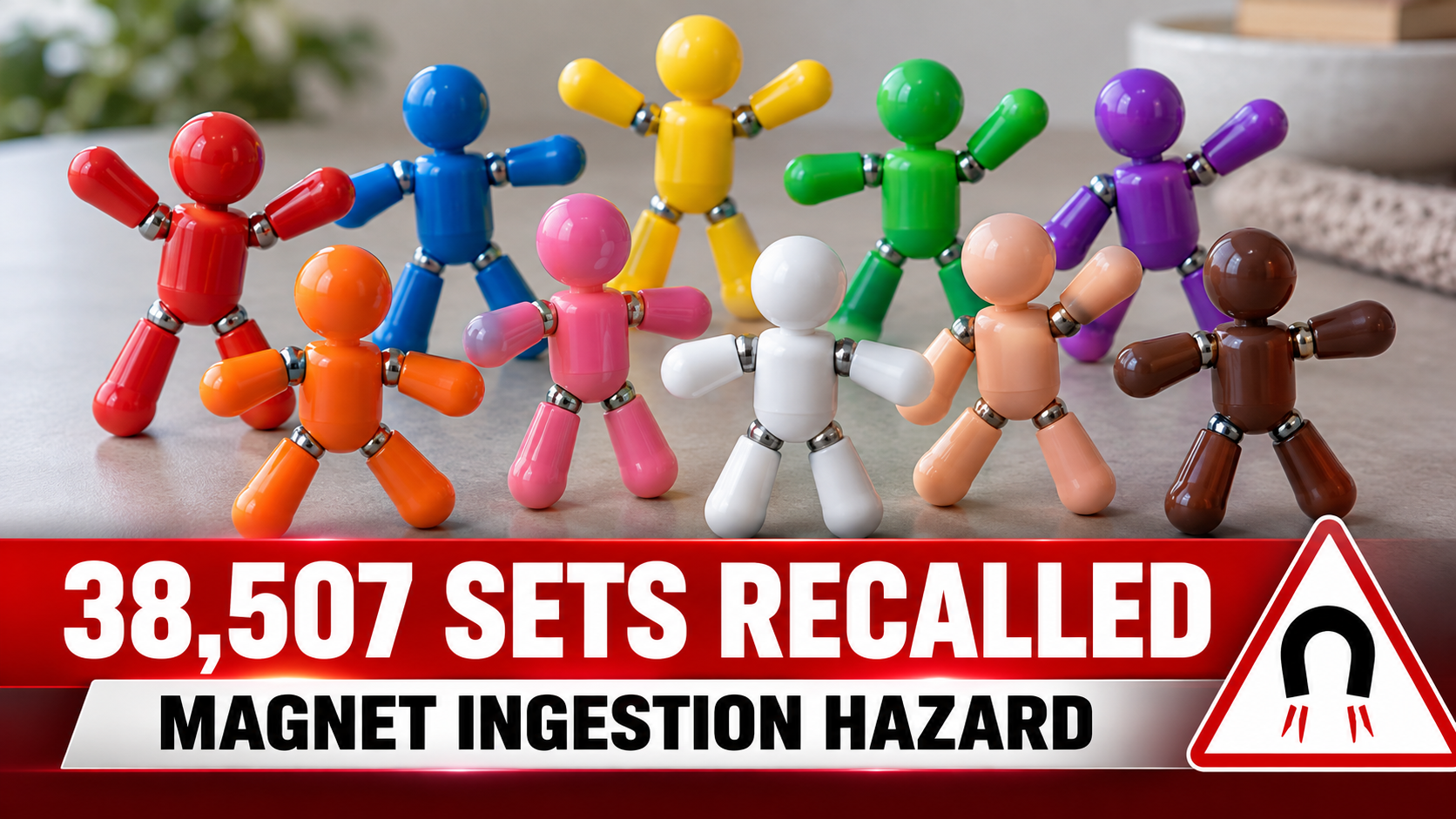 Colorful magnetic stick-figure toys with a recall warning for 38,507 sets and magnet ingestion hazard