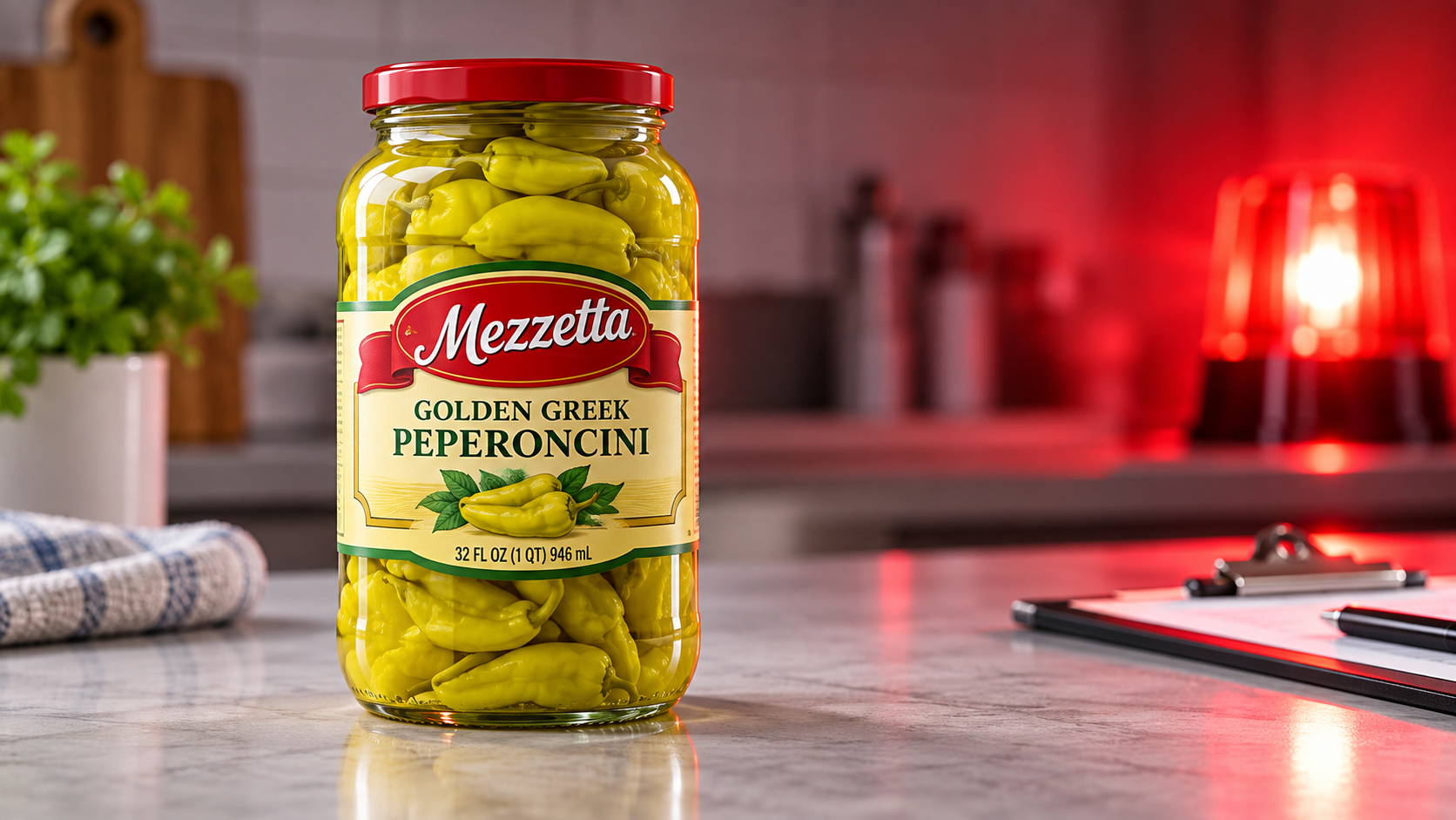 Mezzetta Golden Greek Peperoncini 32-ounce jar with a red food recall alert background