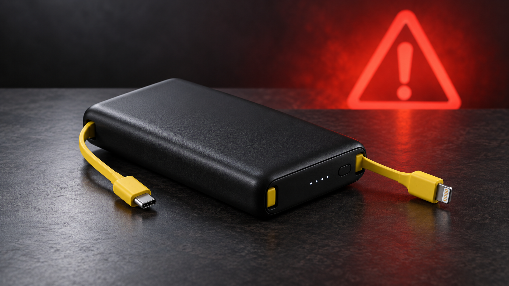 Black power bank with yellow charging cables beside a red warning symbol for the NEWDERY ZHX-PB22 recall
