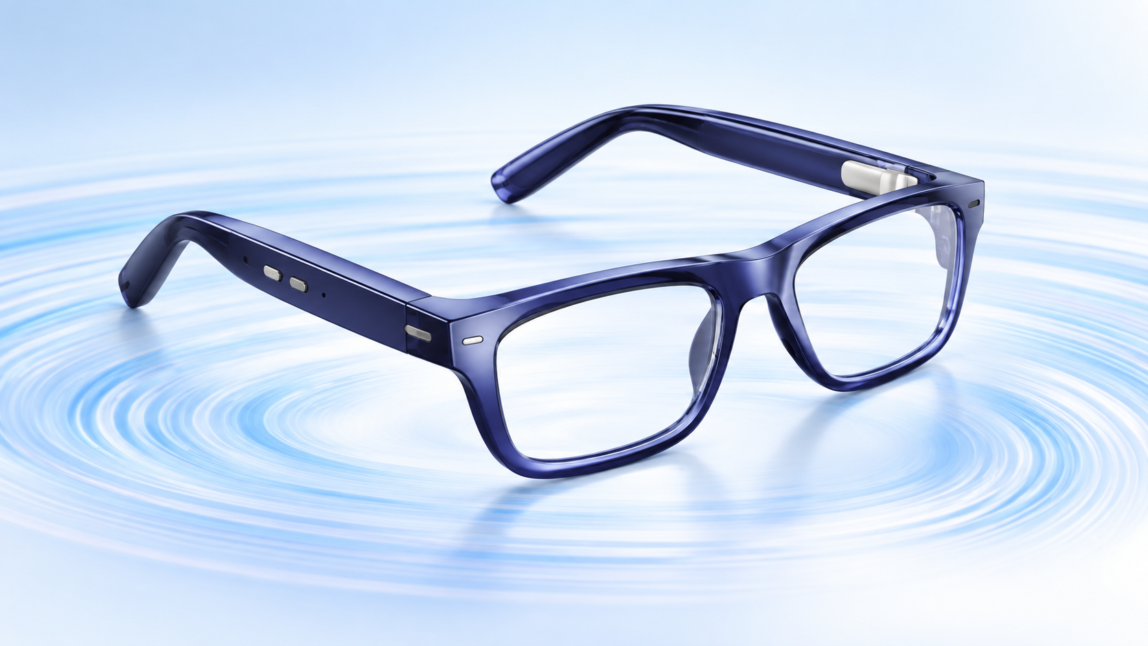 Deep blue Nuance Audio Plus hearing glasses with built-in hearing technology on a light blue sound-wave background