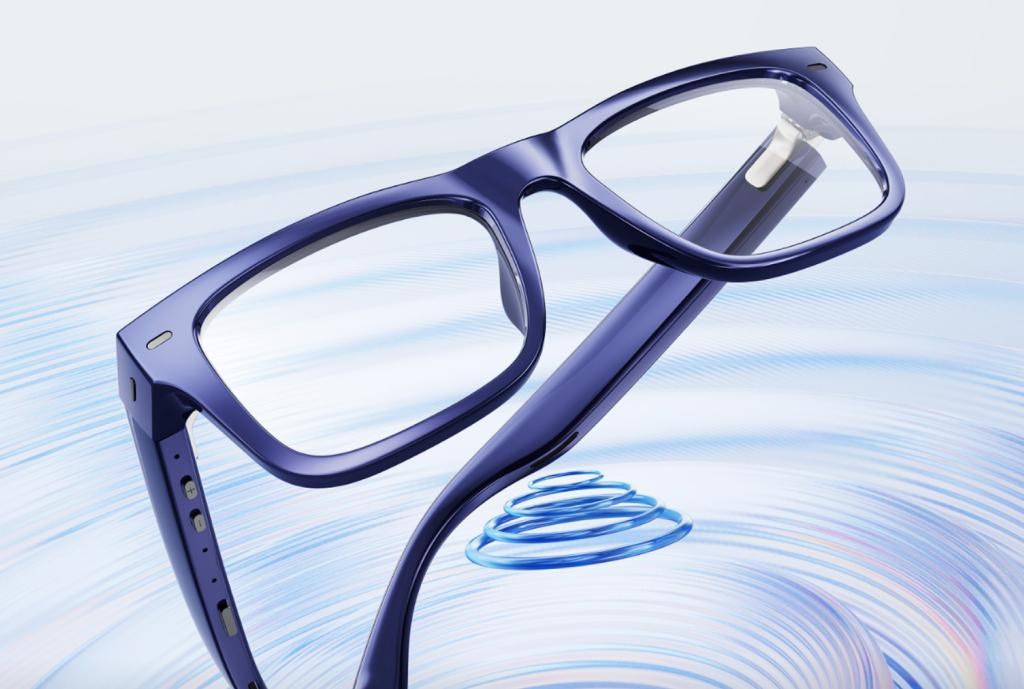 Deep blue Nuance Audio Plus hearing glasses with built-in open-ear speakers and frame controls