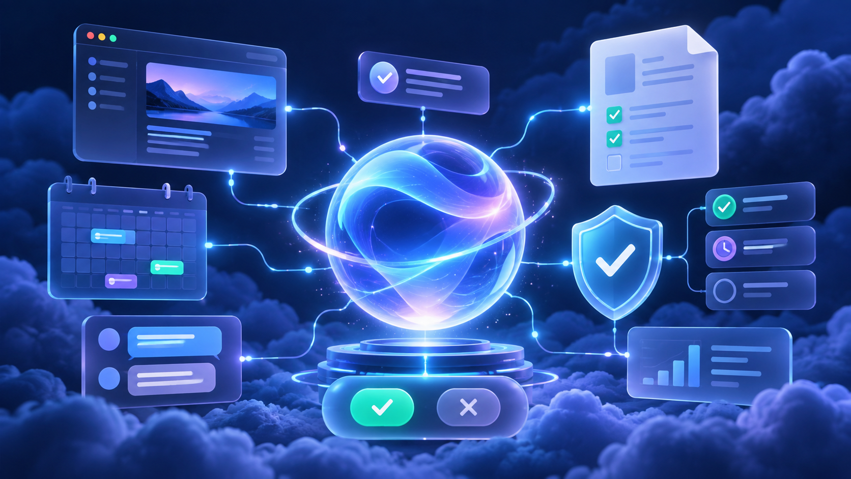 Abstract always-on AI agent connecting work apps with visible security and approval controls