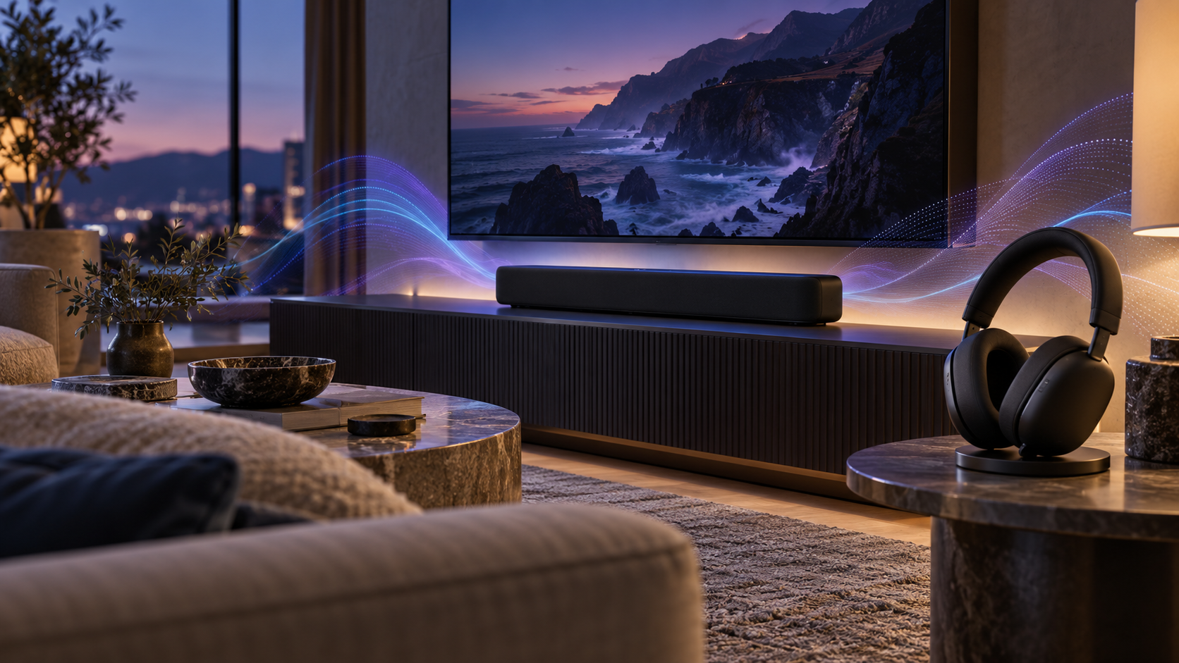 Premium over-ear headphones beside a compact soundbar in a modern living room
