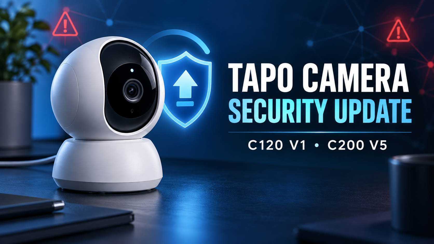 Smart indoor camera beside a security shield and firmware update symbol for the Tapo C120 V1 and C200 V5 security update
