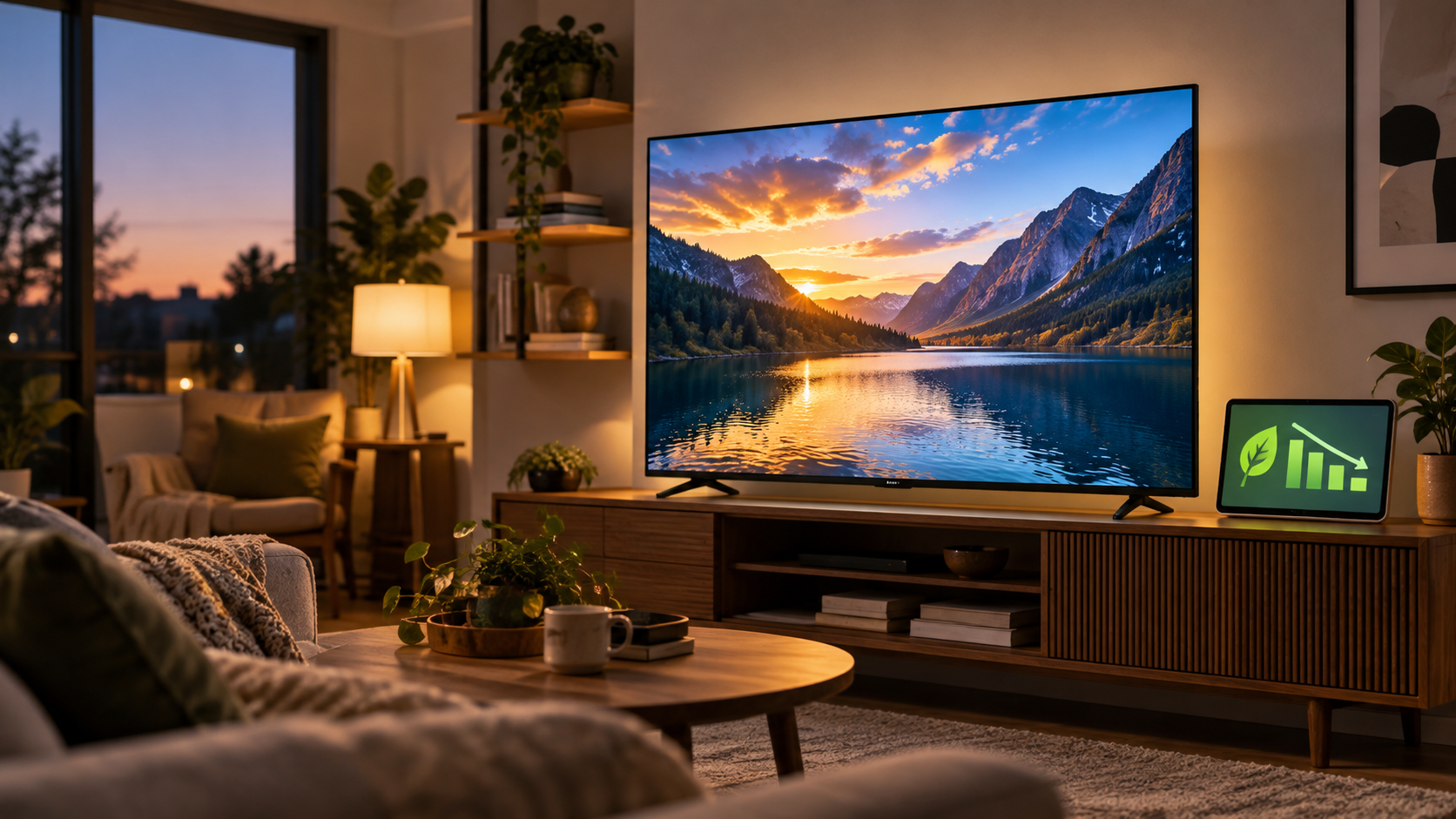 Energy-efficient television in a modern living room with a declining power-use graphic