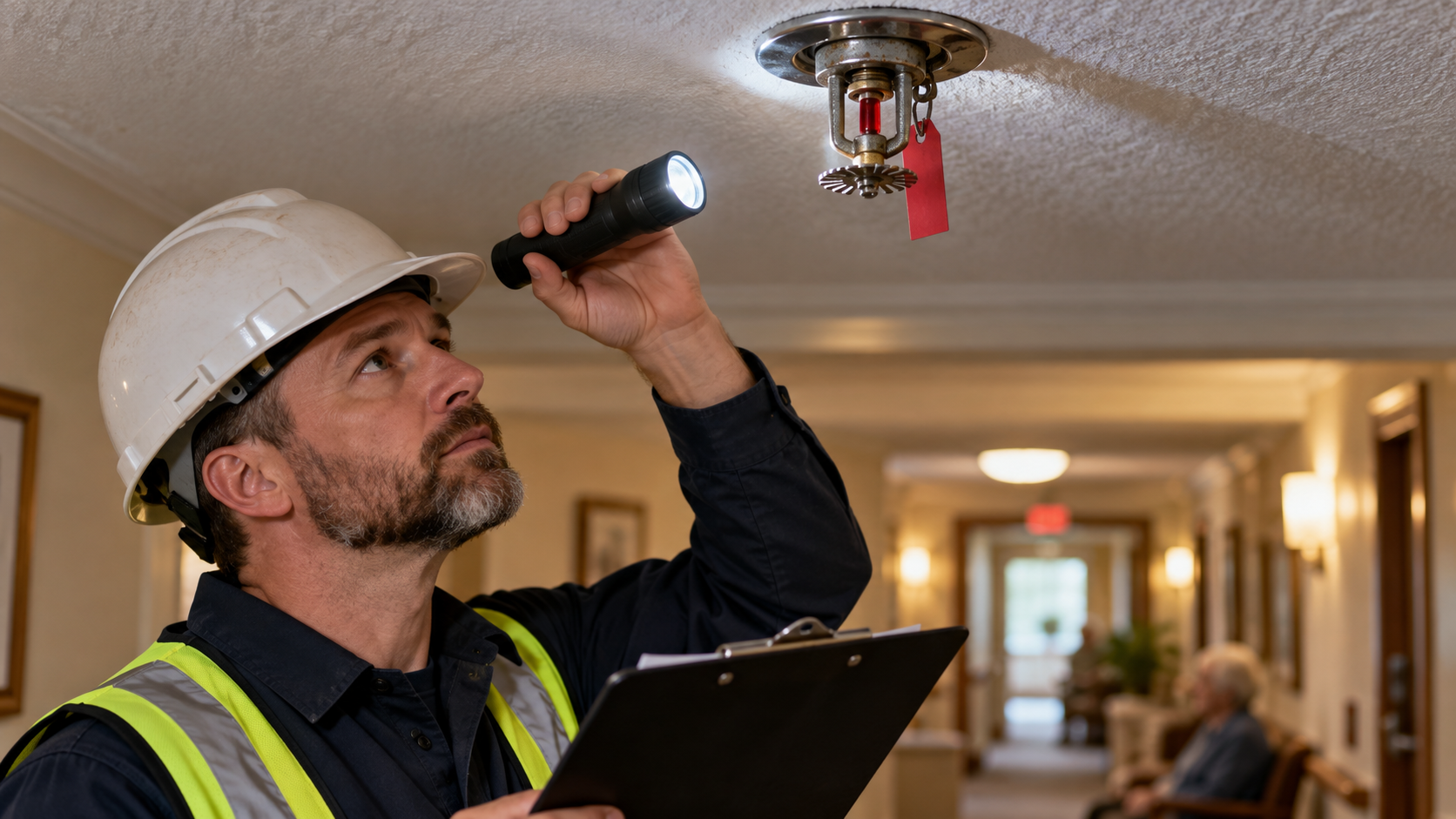 Fire-protection professional inspecting an older ceiling sprinkler after the Tyco recall warning