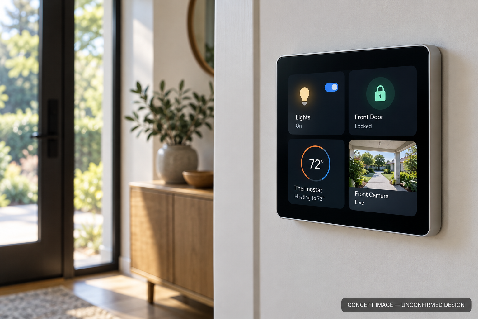 Concept image of a reported Apple J490 smart-home display mounted near an entryway