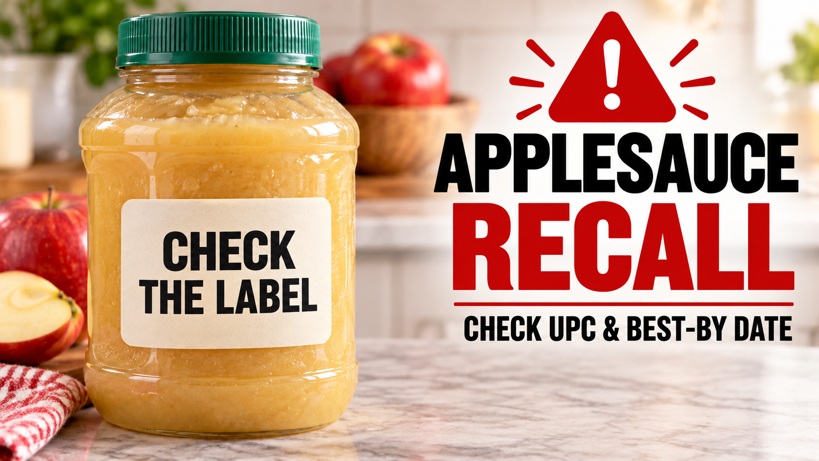 Applesauce jar beside a recall warning telling shoppers to check the UPC and best-by date