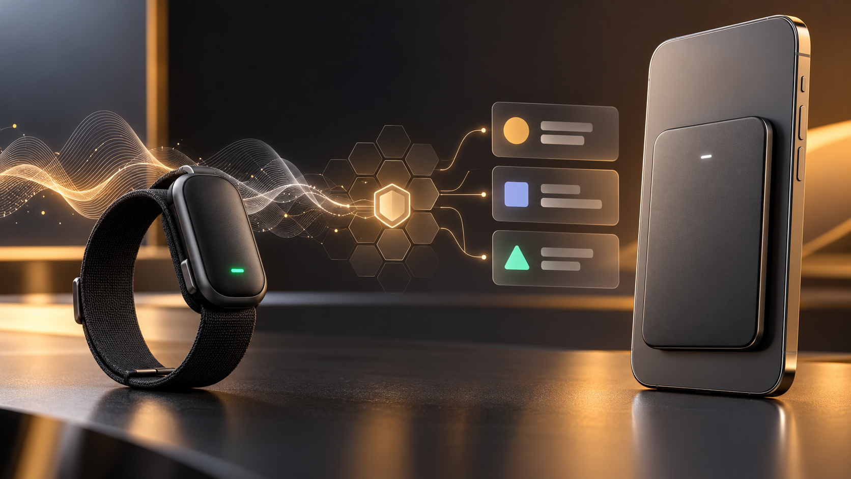 Bee Frontier wearable and Bee Eclipse phone attachment beside secure AI summary cards
