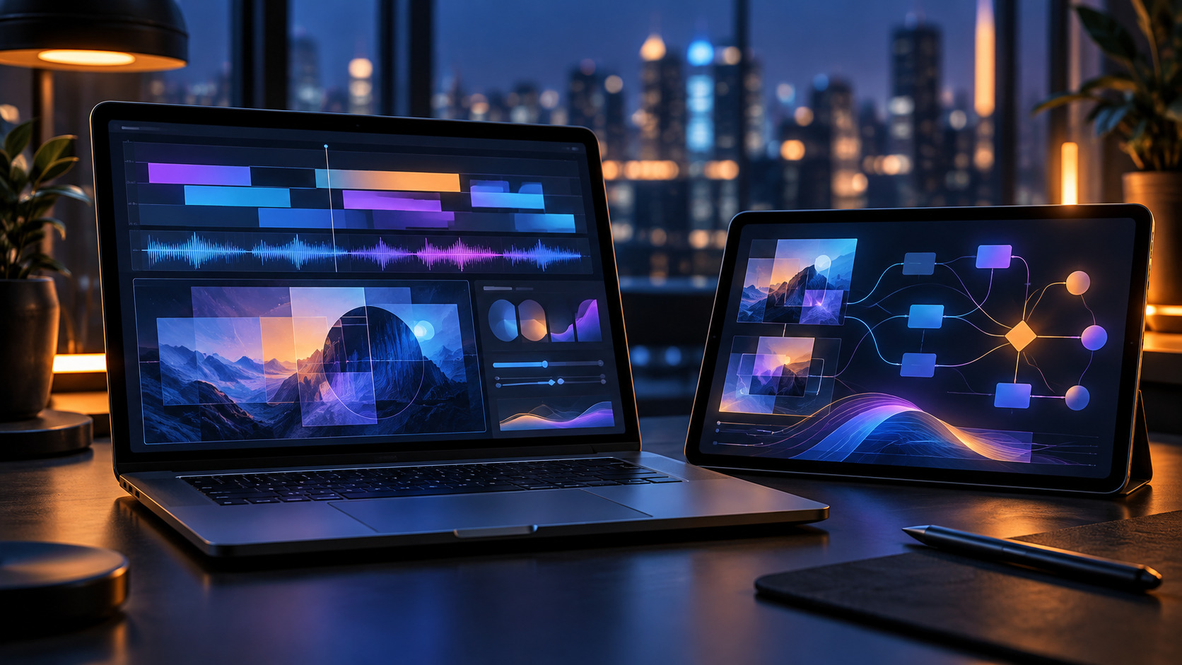 Abstract creative software workspace showing AI-assisted video, image, music and automation tools