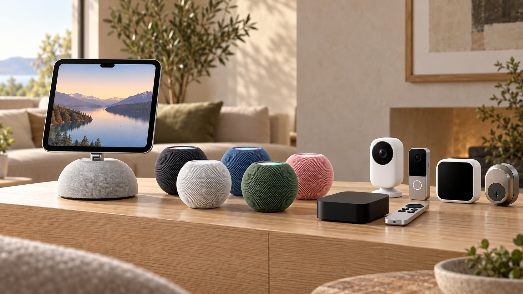 Apple HomeView, HomePod mini 2, Apple TV 4K and smart-home accessories arranged in a modern living room