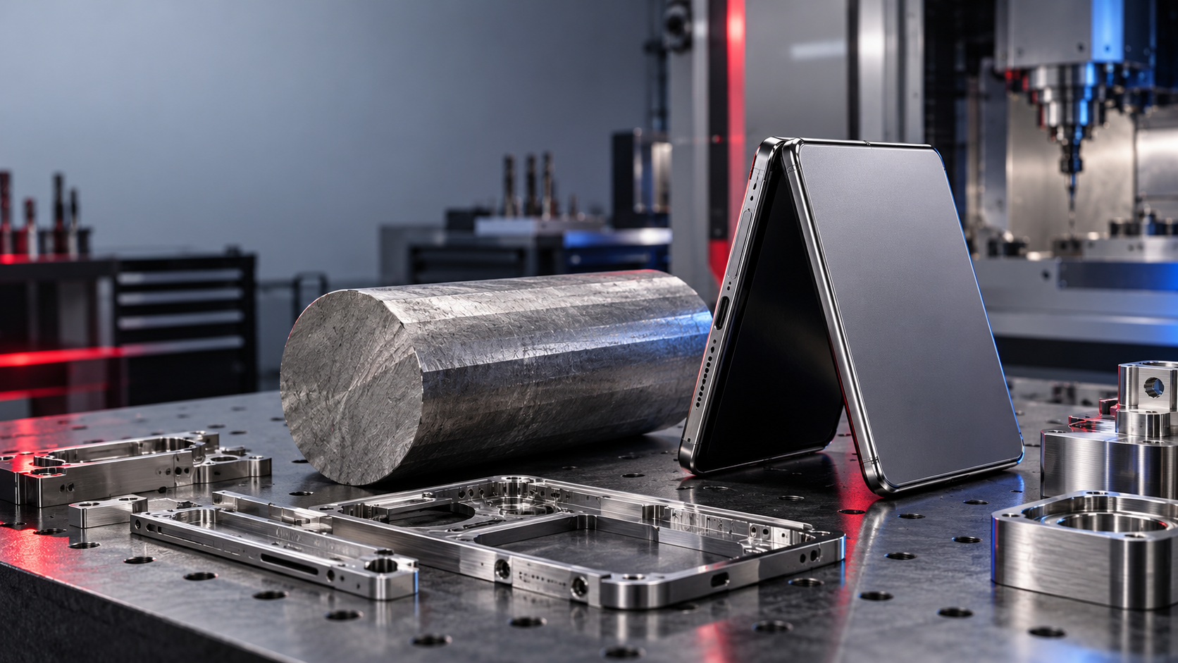 Foldable smartphone chassis, forged titanium billet and precision metal parts on an advanced manufacturing workbench