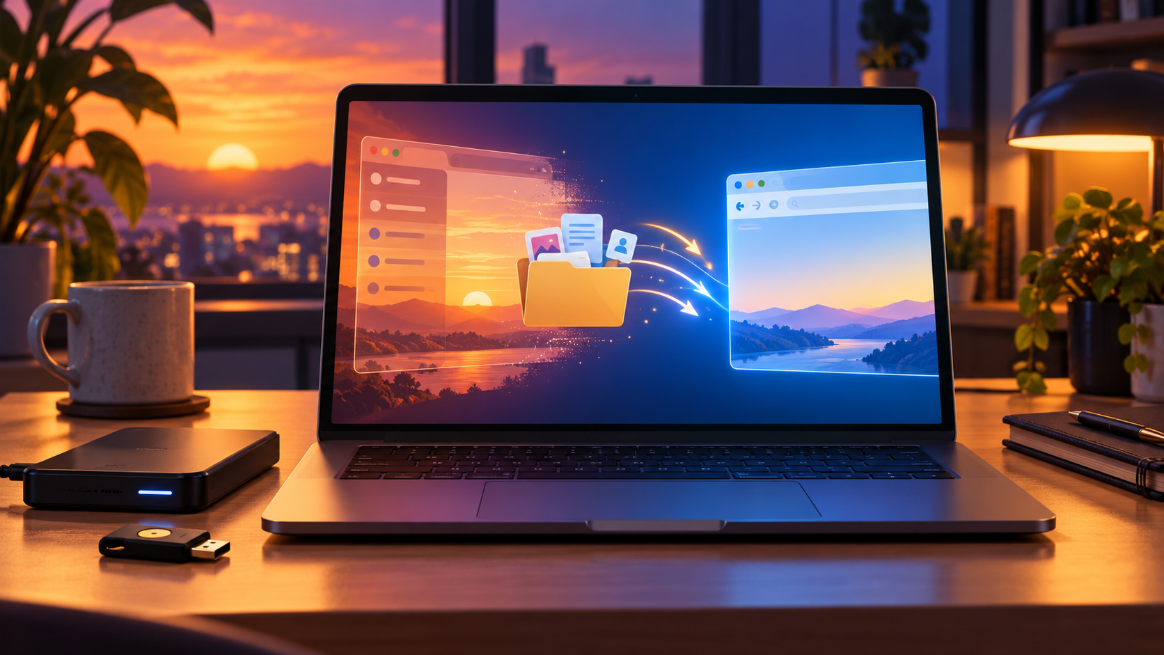 Editorial illustration of a browser window fading into sunset while tabs, files and credentials move securely to a new browser