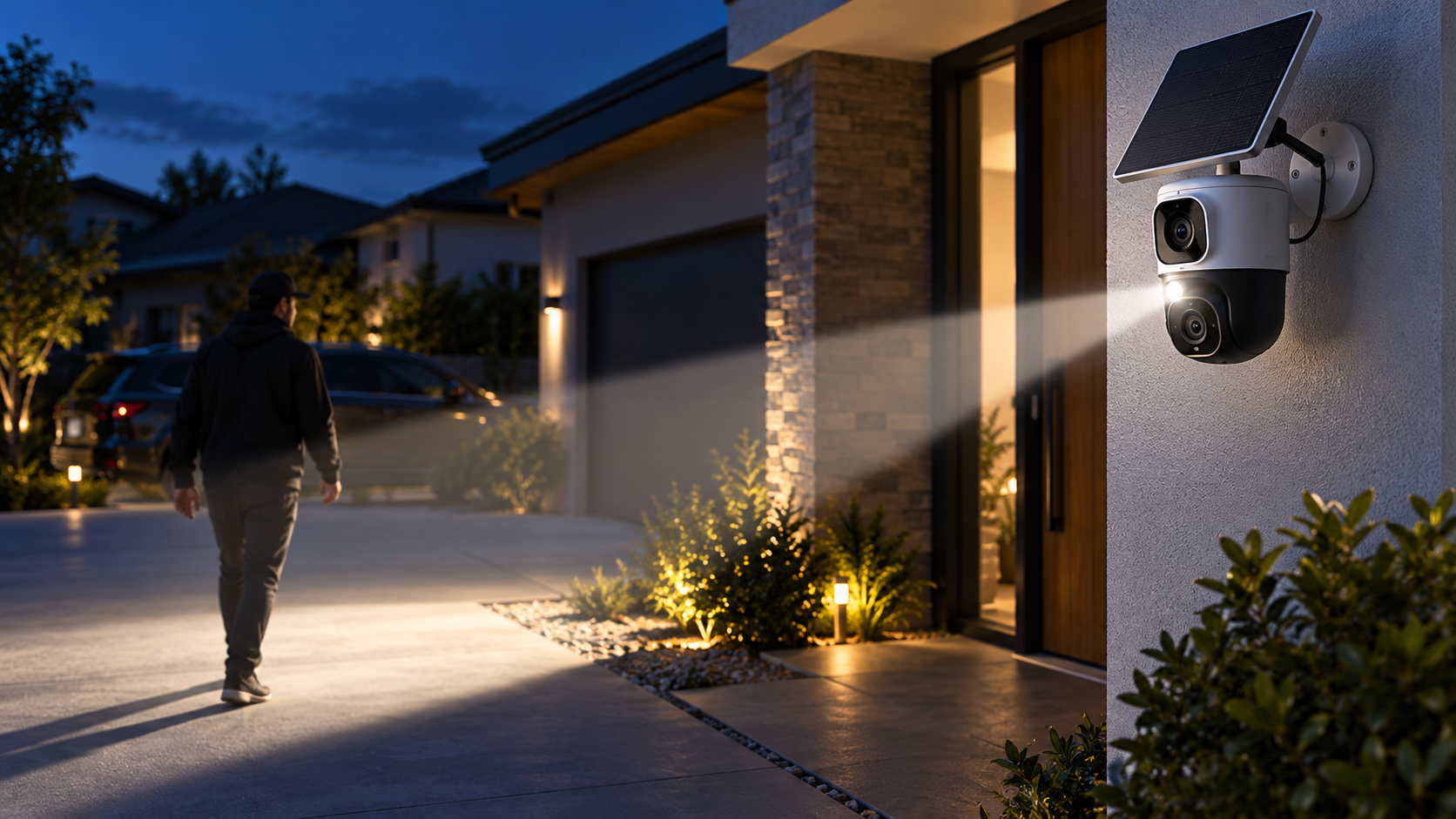 Editorial illustration of a dual-lens outdoor security camera using a focused spotlight to track a person approaching a home