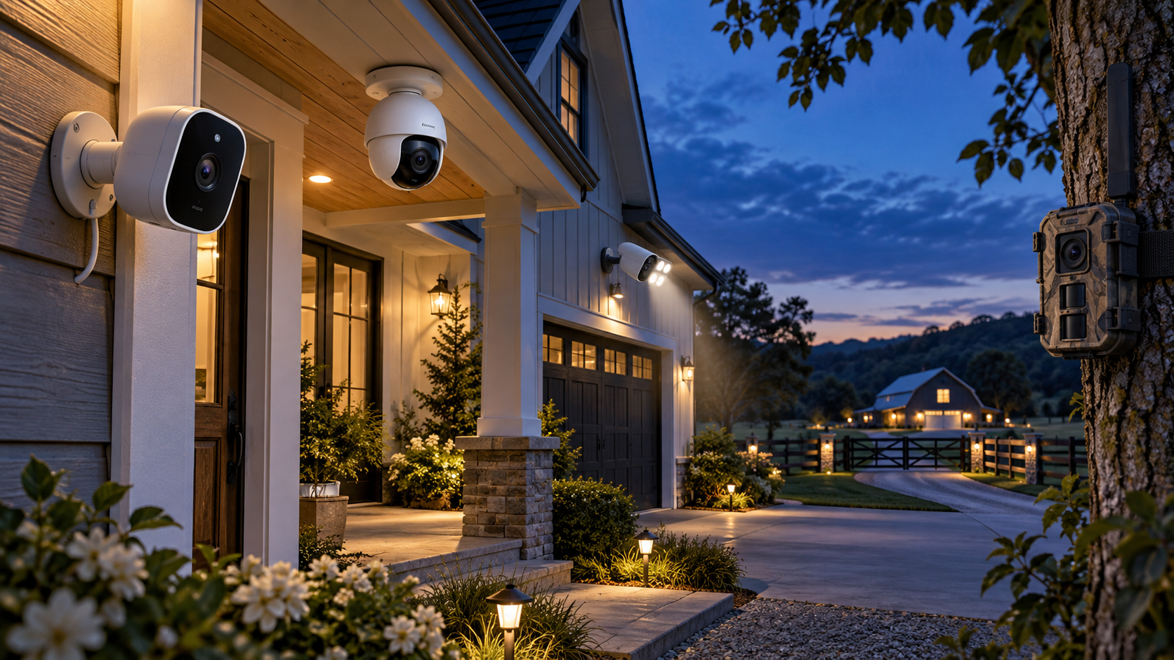 Five smart security camera styles monitoring a home, driveway and distant property at blue hour