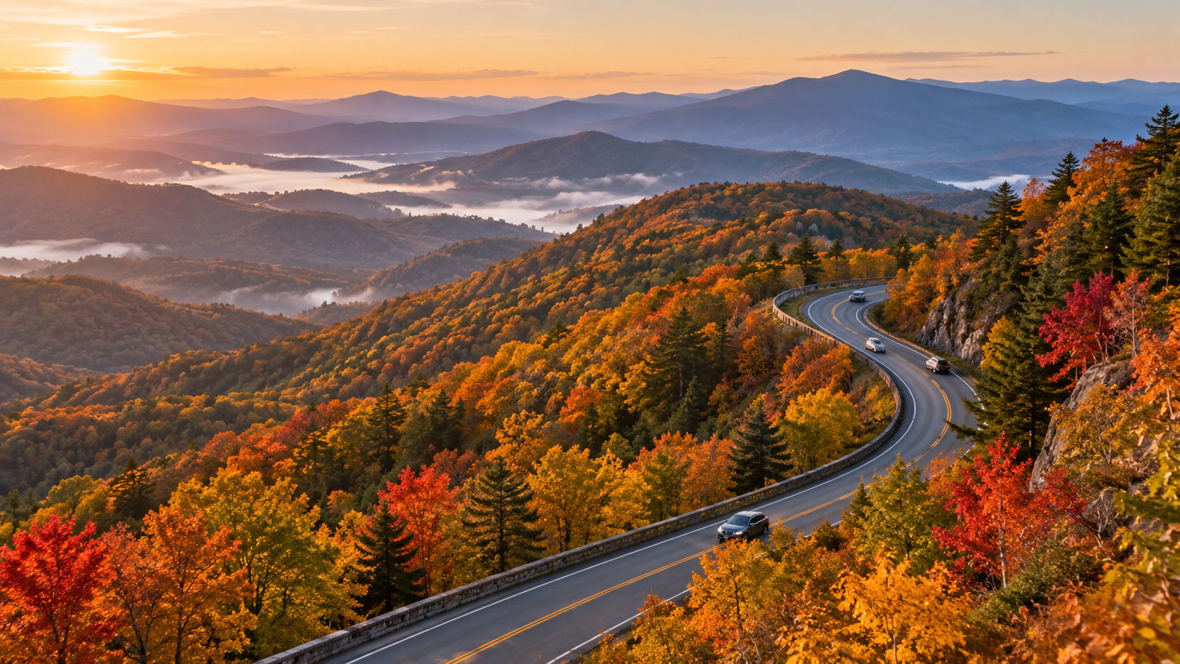 Blue Ridge Parkway curving through layered Appalachian mountains in peak autumn color at sunrise