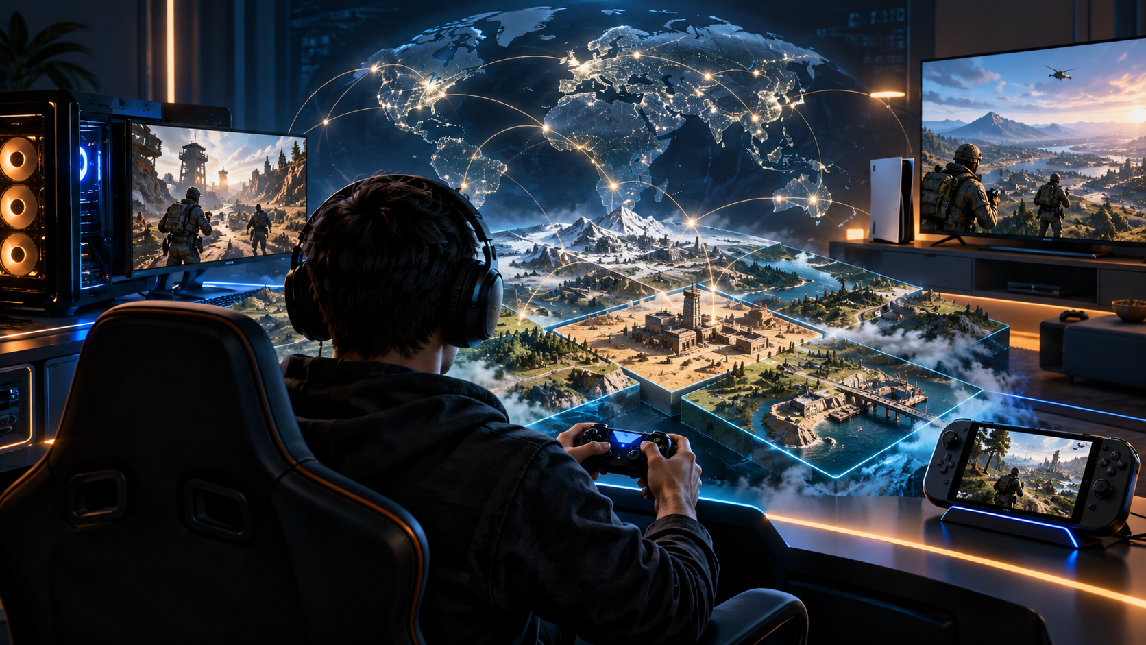 Gamer facing a modular global battlefield across PC, console and handheld screens