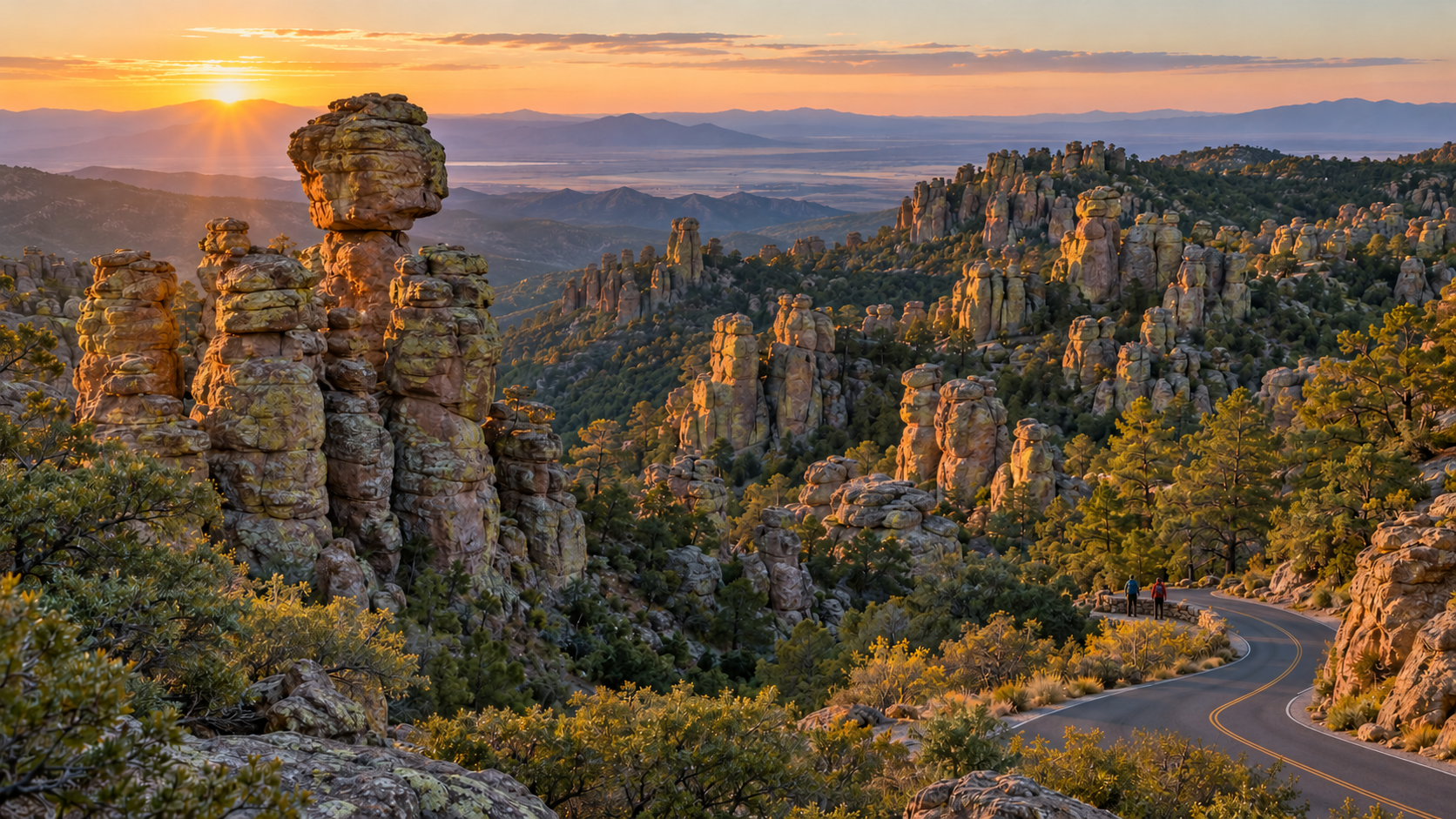 Sunrise lights the rhyolite pinnacles and winding scenic road at Chiricahua National Park in southeastern Arizona