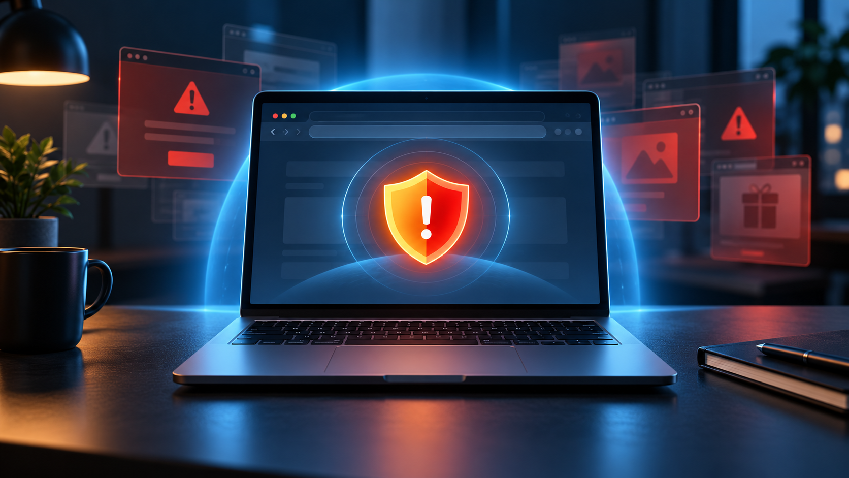 Laptop protected by a security shield while deceptive browser alerts are blocked