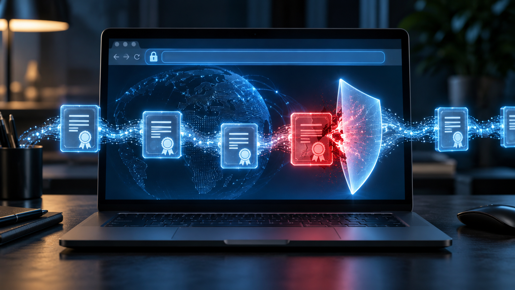 Laptop blocking a compromised digital certificate behind a protective security shield