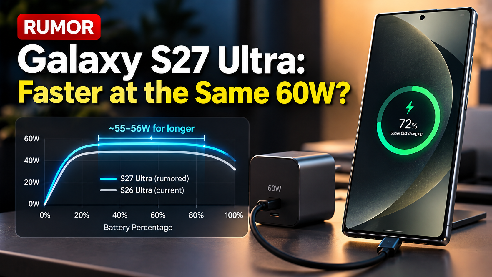 Galaxy S27 Ultra charging concept showing rumored sustained 55W to 56W charging at the same 60W peak