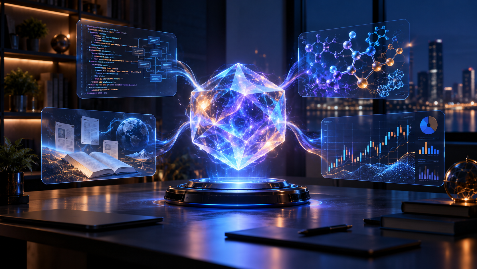 Glowing multifaceted AI core connects coding, science, research and financial analysis at a modern workstation