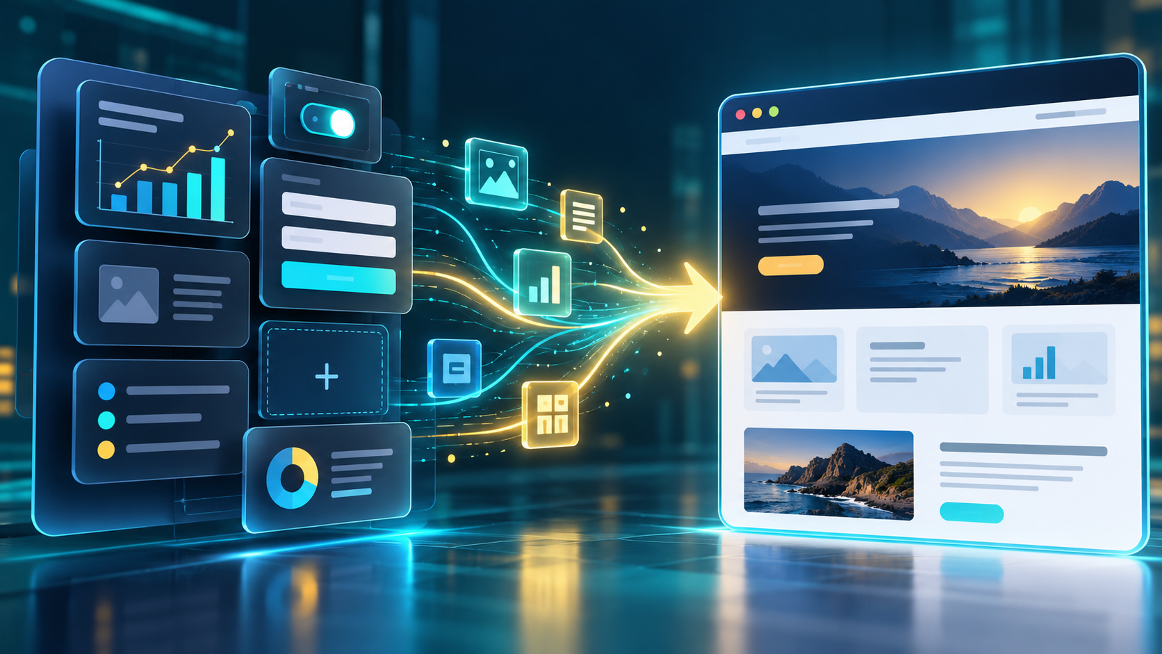 Interactive app cards flowing into a website publishing canvas