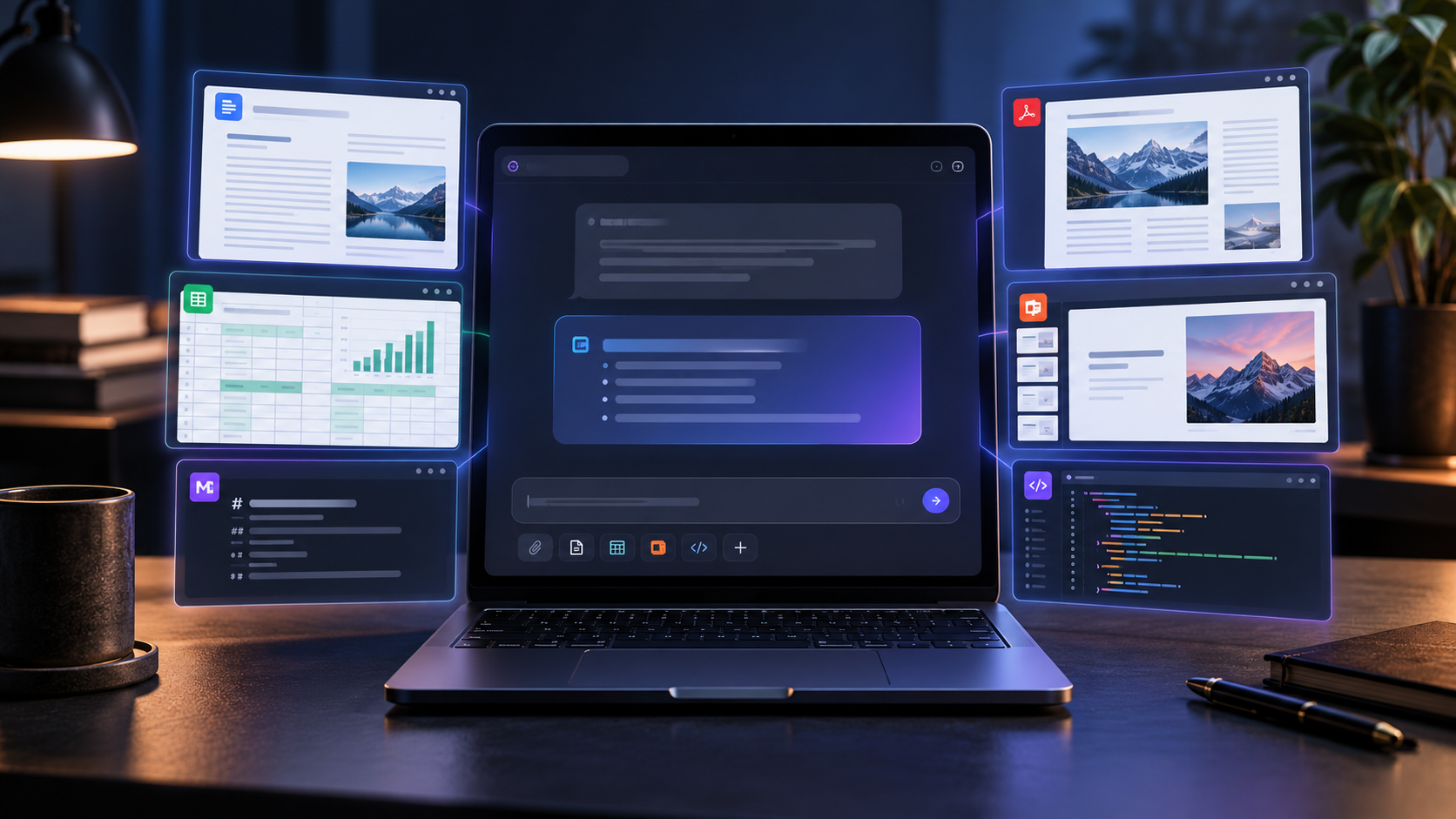 Laptop showing an AI chat workspace editing documents, PDFs, spreadsheets, slides and code.