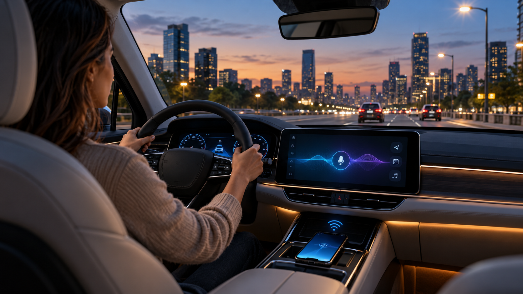 Driver using a hands-free AI assistant through a modern car dashboard