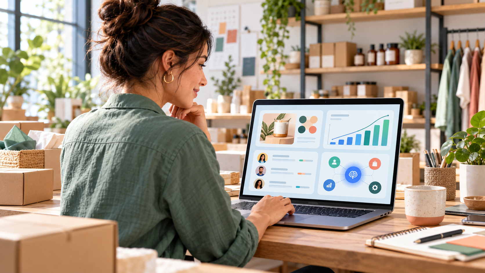 Small-business owner using an AI dashboard for branding, analytics and connected apps in a modern studio
