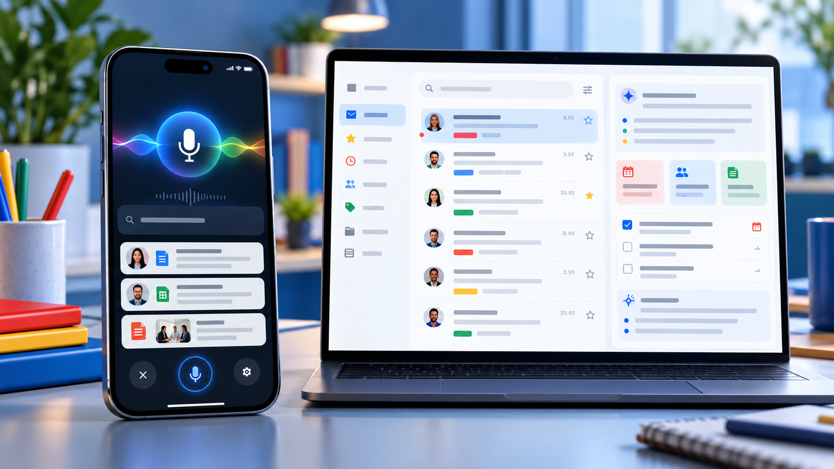 Smartphone and laptop showing Gmail Live voice inbox search, source cards and AI-prioritized email tasks