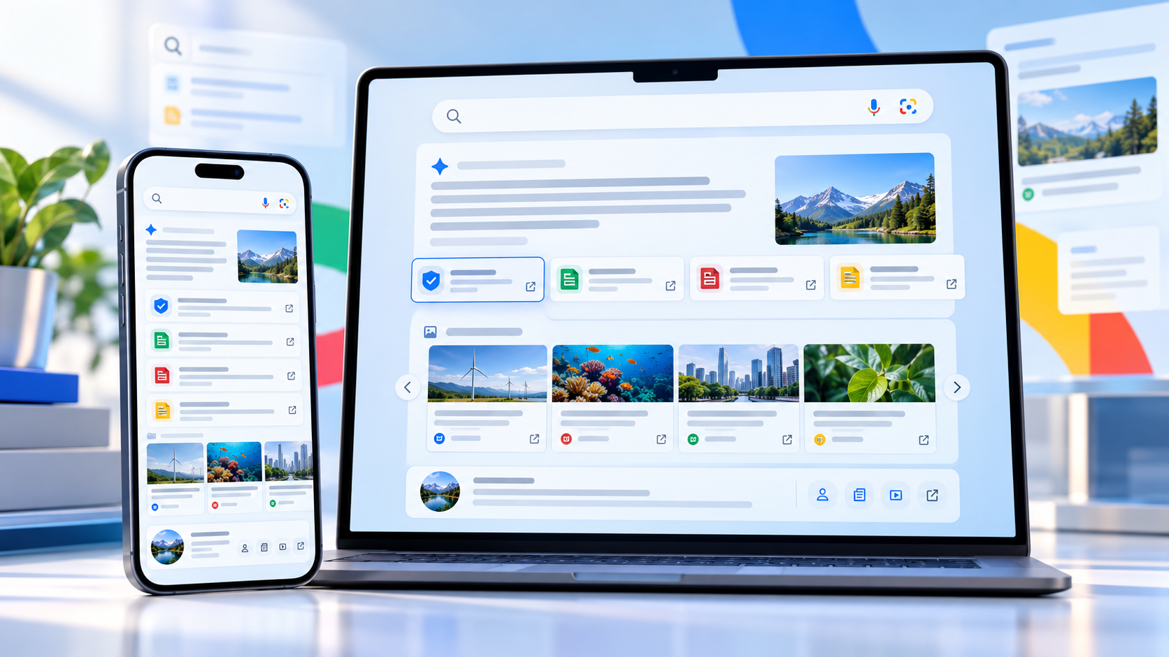 Smartphone and laptop showing Google AI Search source links, an official page card and a news carousel