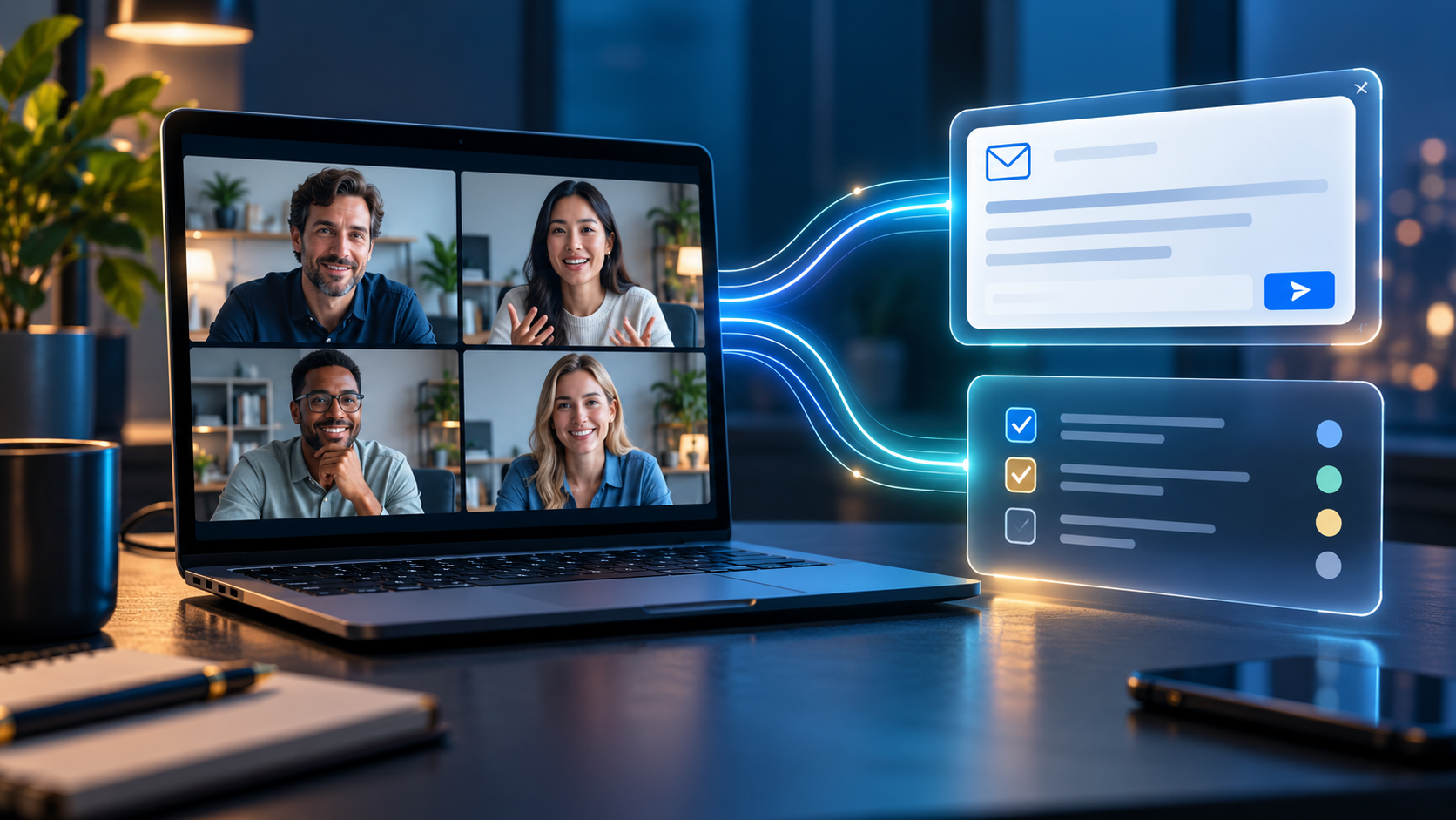 Video meeting automatically converted into an email draft and organized task checklist