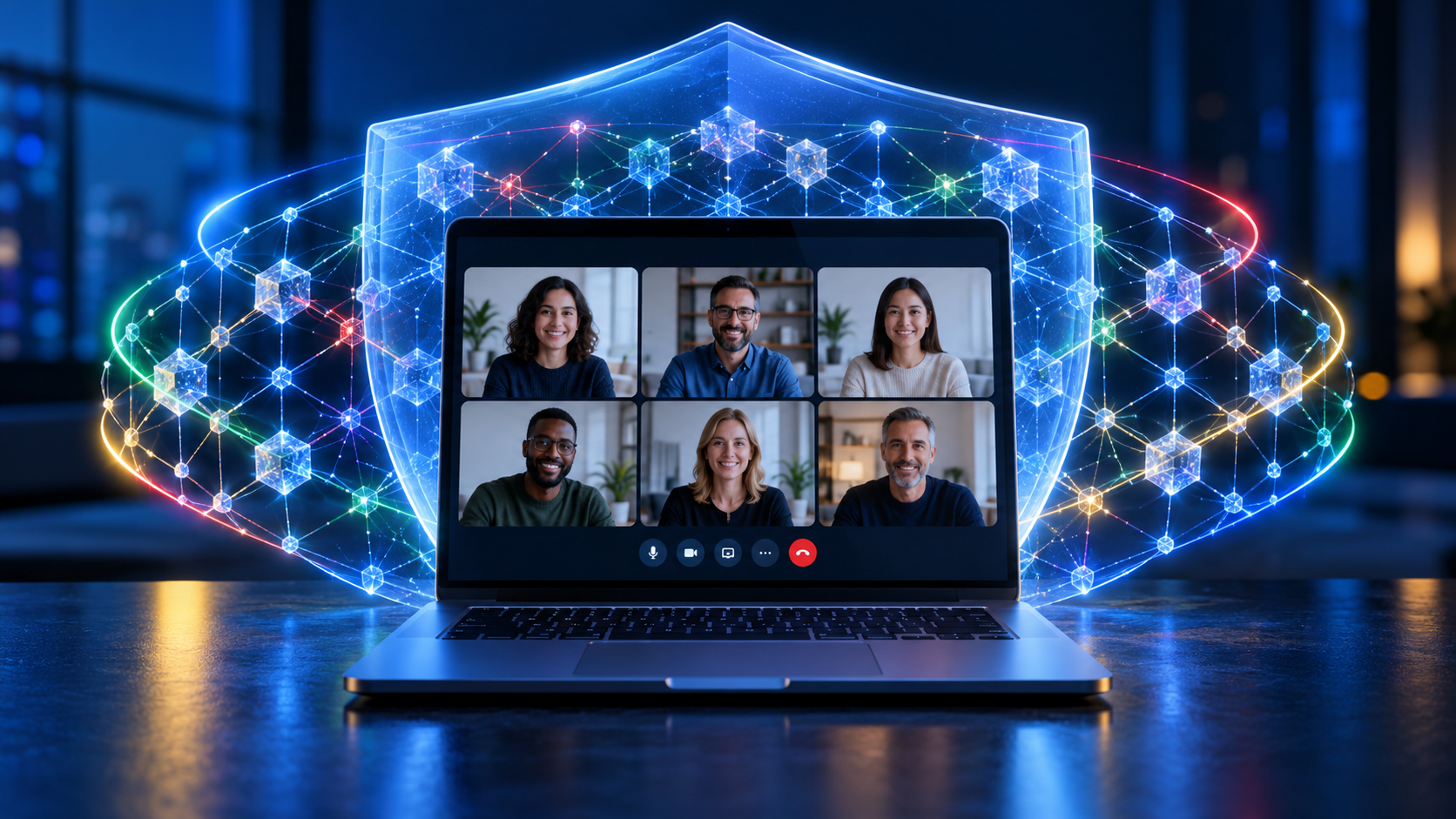 Laptop video meeting protected by a quantum-resistant encryption shield and secure data connections